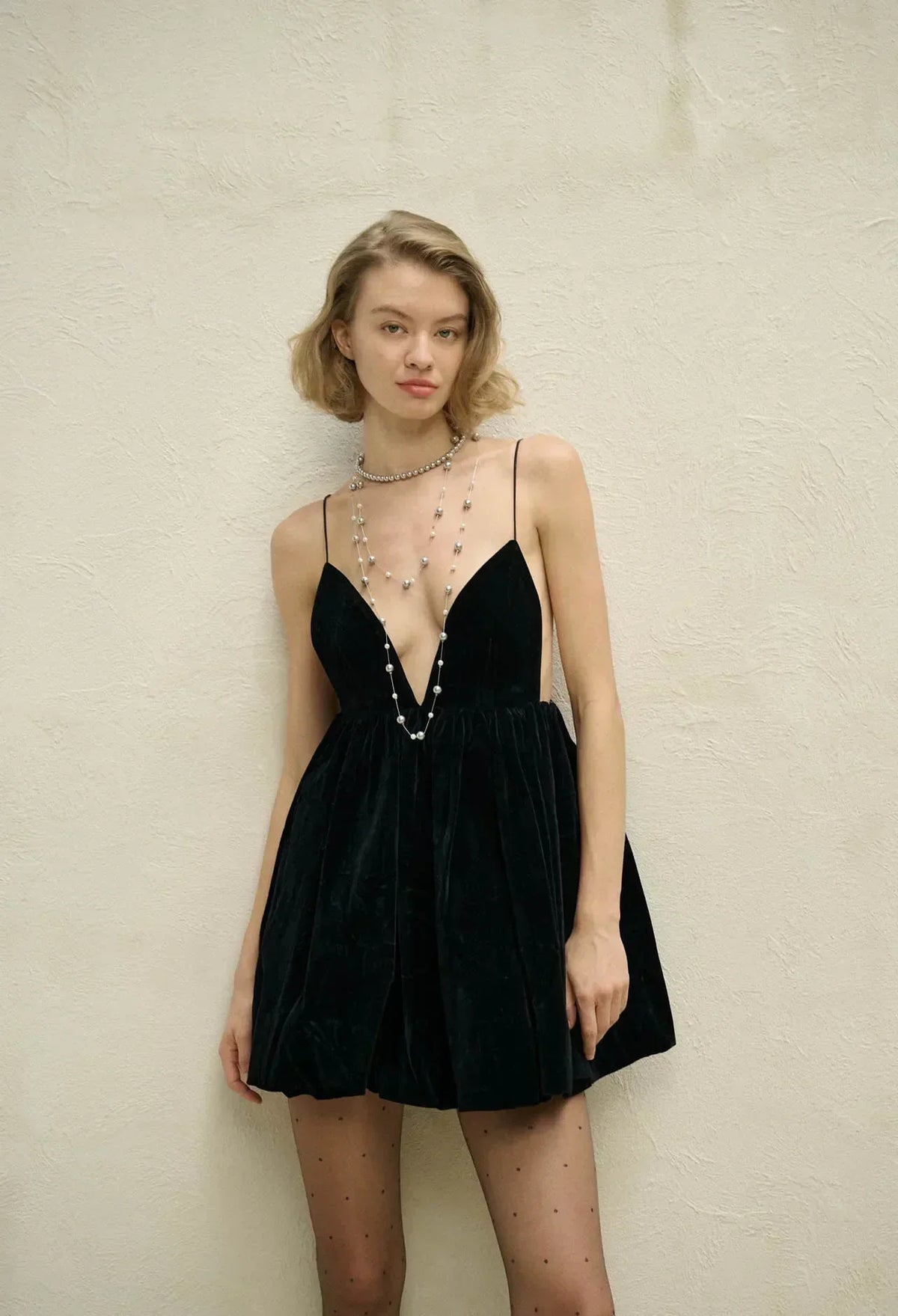 Spaghetti Strap Deep V Neck Gathered Velvet Babydoll Mini Dress