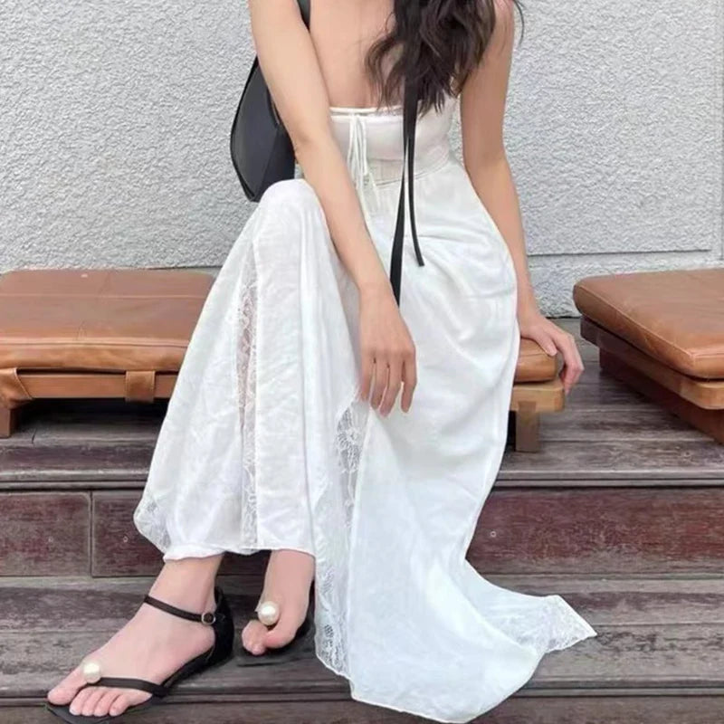 Lace Spliced Elegant White Dress Women Square Neck Sleeveless A-line Summer Long Dresses Holiday Party Robe