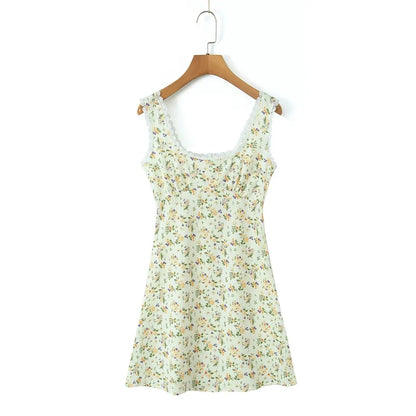 Lace Trim Floral Print Sleeveless Dress Elegant Square Neck Female Holiday Summer Tank Dress Short Robe