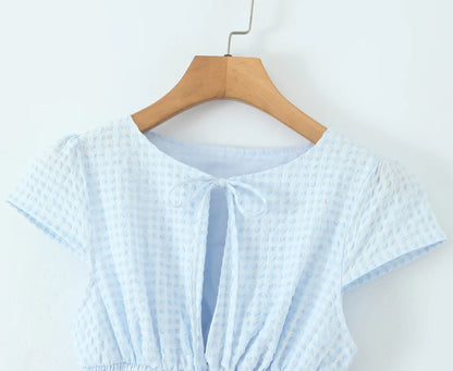 Light Blue Plaid Slim Fit Bud Mini Dress Women Short Sleeve O Neck Casual Holiday Summer Dresses Female 2026 Robe