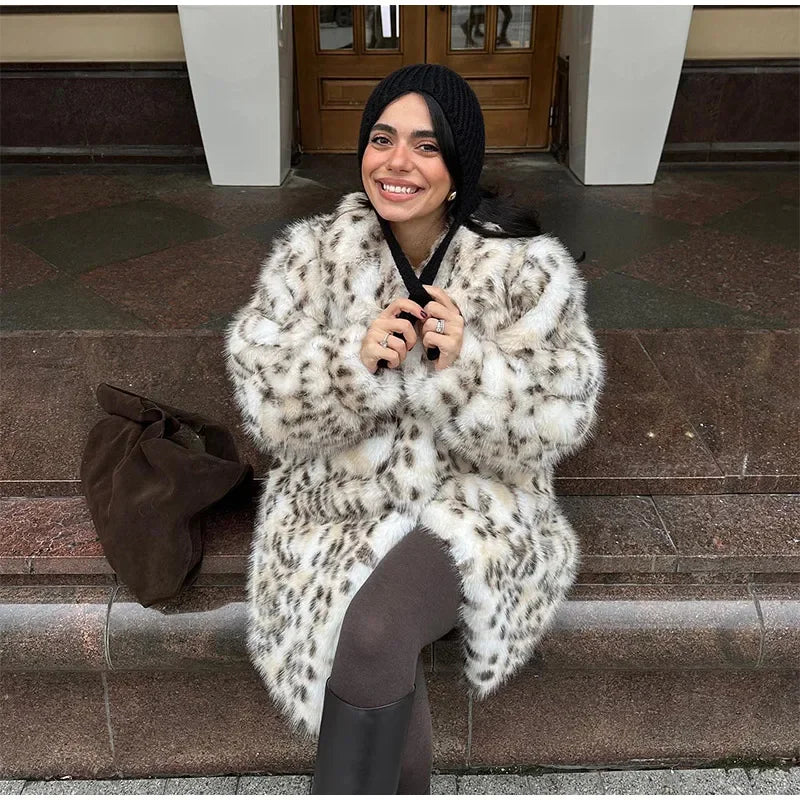 Women Fashion Leopard Faux Fur Jacket Coat Long Sleeve Front Snap-button Female Outerwear Chic Lapel Collar Thick Coats