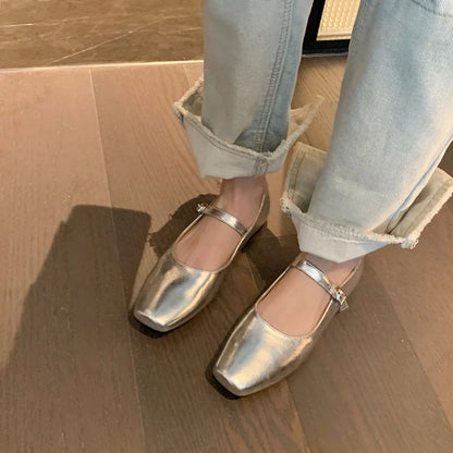 Casual Women Flats Spring Summer Office Ladies Silver Metal Color Mary Janes Shoes Woman Retro Style Concise Comfortable Flats