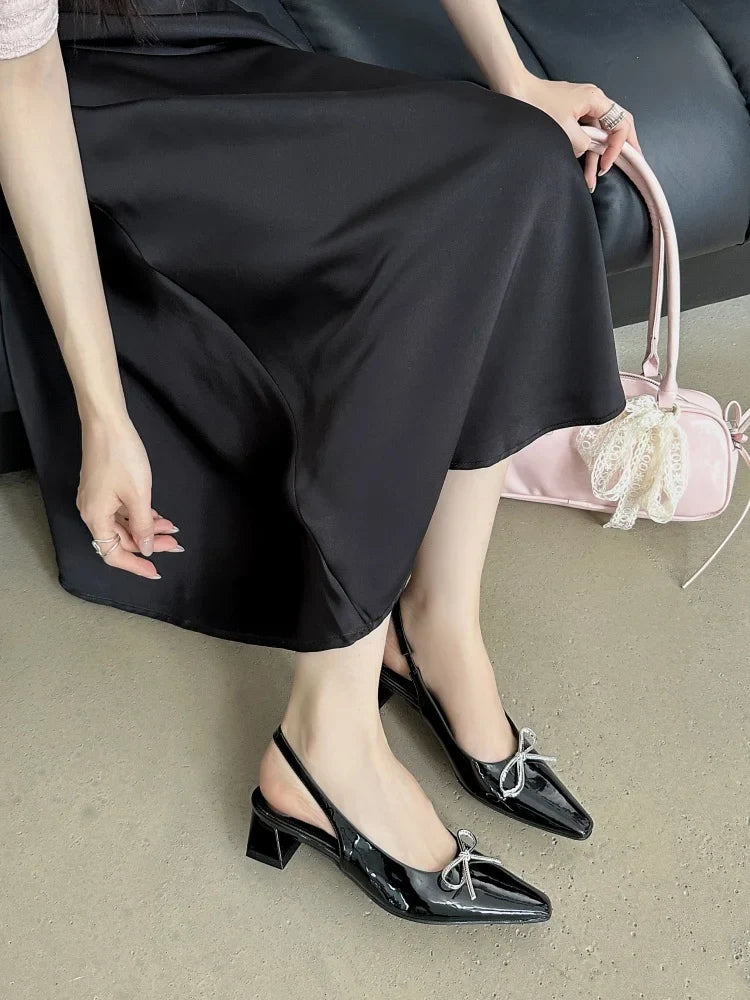 Women's Shoes Silver Block Heels Closed Toe Sandals Shallow Mouth 2025 Summer Chunky Bow Open Retro Pointed Girls New Butterfly-