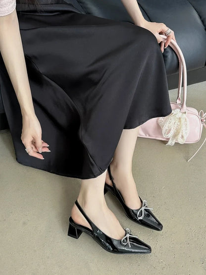 Women's Shoes Silver Block Heels Closed Toe Sandals Shallow Mouth 2025 Summer Chunky Bow Open Retro Pointed Girls New Butterfly-