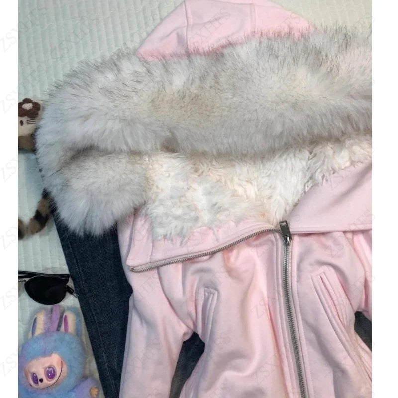 Pink Hoodie 2000s Cute Clothes Spicy Girls Streetwear High street Classic Minimalist Unique Casual Jacket Faux Fur Collar Hoody