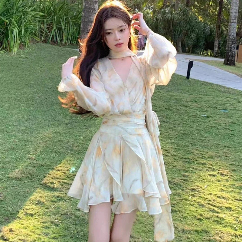 New Holiday Dress Women Summer Long Sleeve V-Neck Bubble Sleeve Chiffon Beach Printed Dress Irregular Fairy Dress Boho