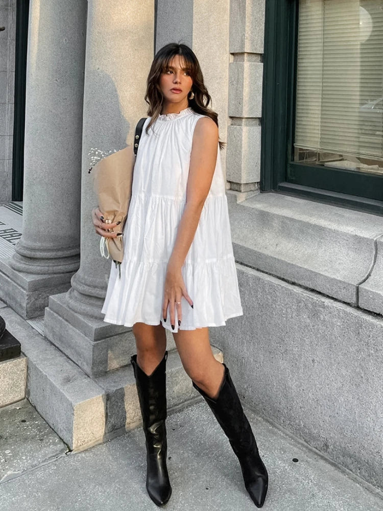Summer Cotton A-line Loose Ruffles White Dress Women Casual O-neck Lace-up Sleeveless Mini Dress Female Holiday Party Dress 2025