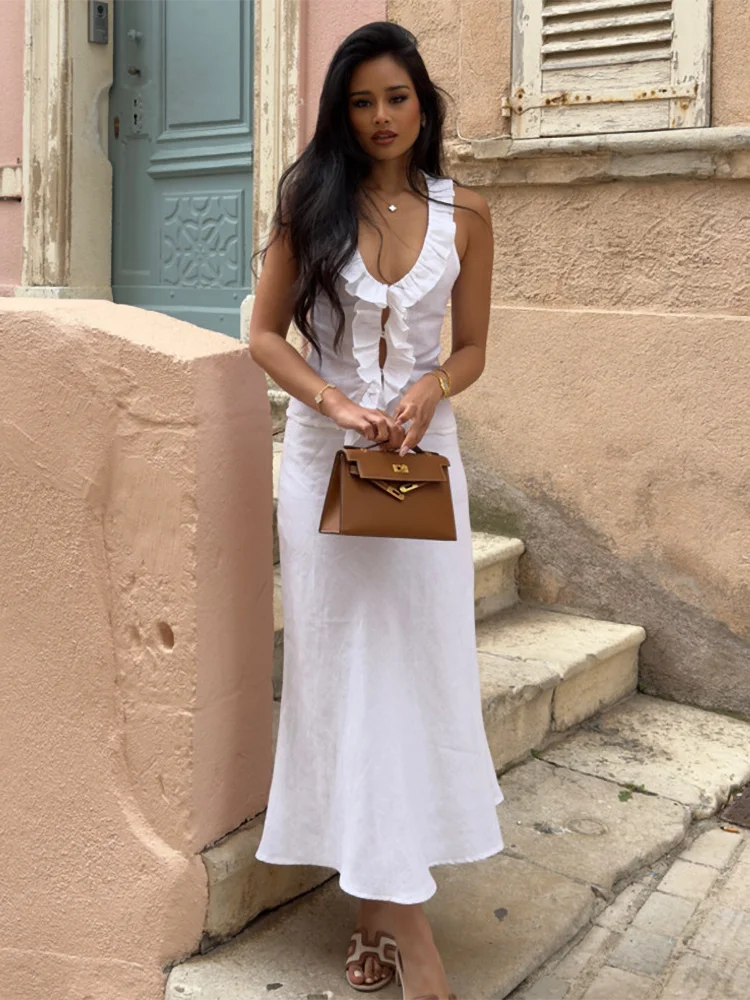 Sets For Women 2 Pieces Ruffes Tank Top Low Rise A-Line Long Skirt See Through French Outfit Summer Clothes For Female