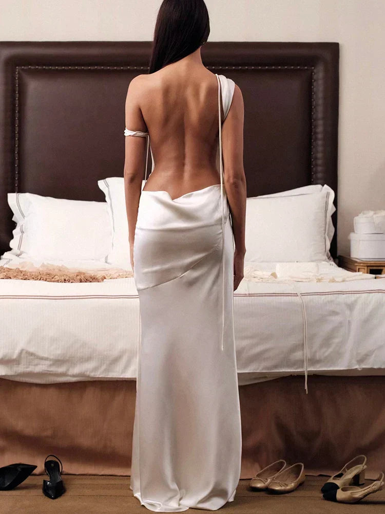 One Shoulder Side Cutout Tie Strap Satin Draped Backless Maxi Gown