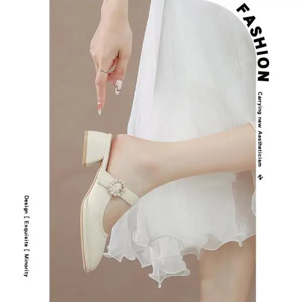 Square heel Female Shoes Ladies' Slippers Cover Toe String Bead Med Luxury Slides Block 2025 Summer Soft Designer Sewing Hoof He
