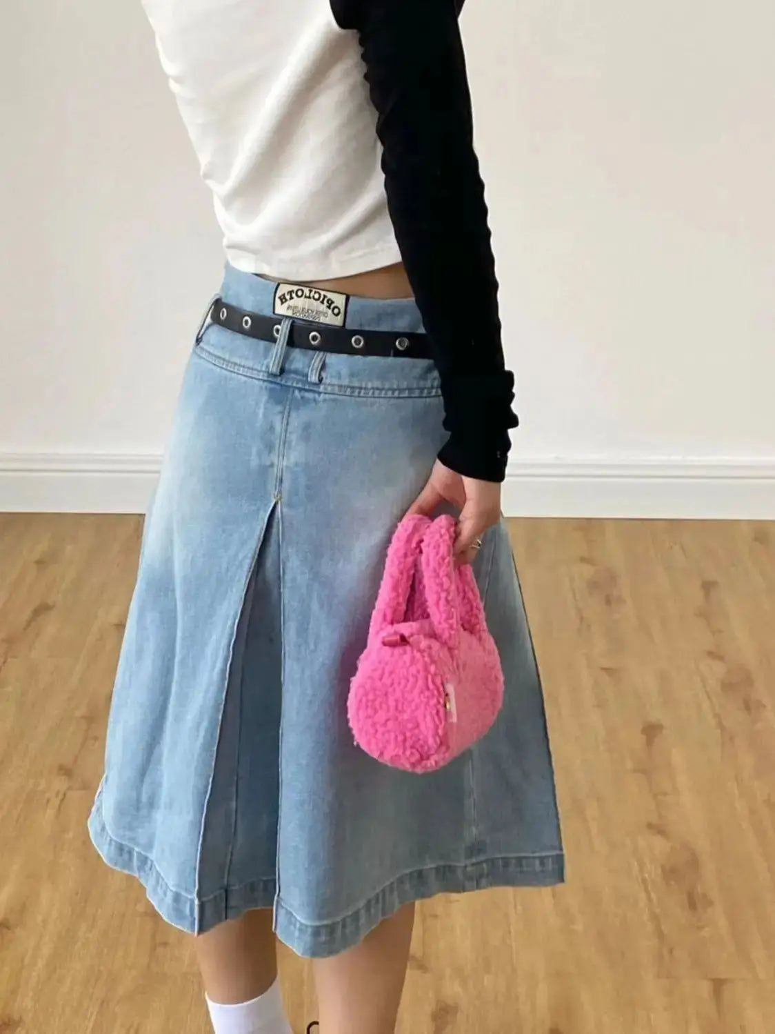 Denim Pleated Skirt High Waist Y2k Streetwear Women Vintage A-Line Distressed Knee-Lenght Jeans Skirt Japanese Fashion Versatile