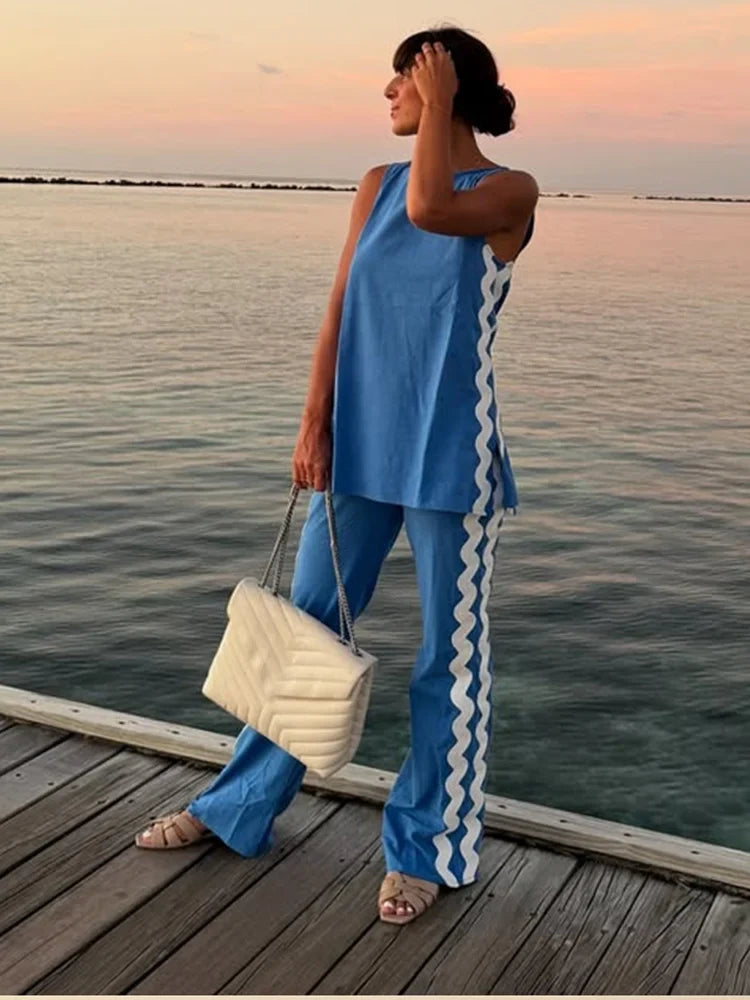 Casual Sleeveless Shirts Long Pant Woman's Set Versatile Loose O-neck Shirts High Waist Trousers Sets Female Spring Chic Outfits
