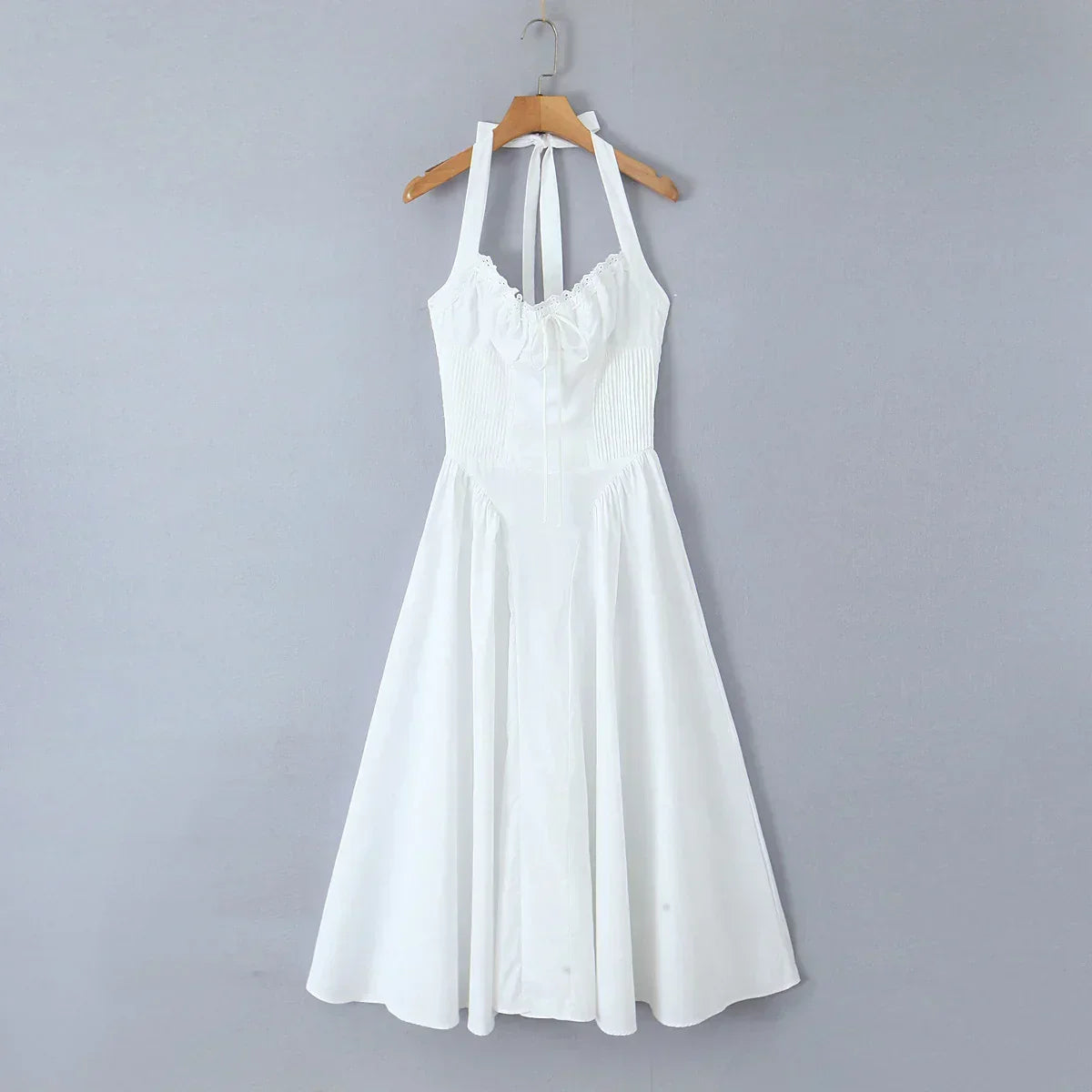 Halter Neck Lace Trim Corset Panel Pleated Fit and Flare Midi Dress