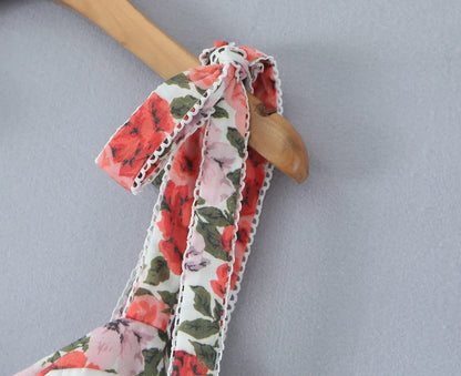 Flower Print Patchwork White Sling Elegant Dress Women Lace Up Bandage Back A-line Summer Dresses Chic Lady Holiday Robe 2025