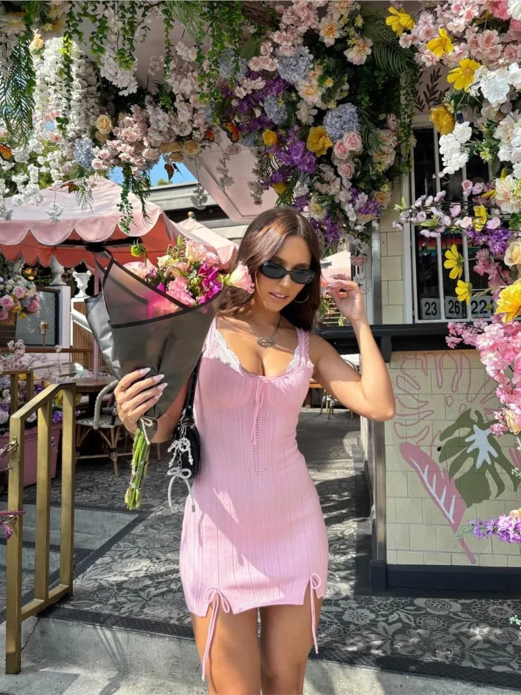 New Pink White Lace Patchwork Short Dress For Women's Clothing Ruffle Square Collar Vacation Beach Summer Knit Slip Dress