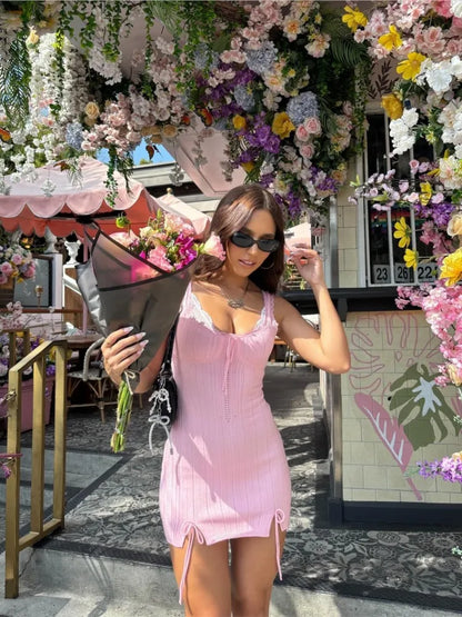 New Pink White Lace Patchwork Short Dress For Women's Clothing Ruffle Square Collar Vacation Beach Summer Knit Slip Dress