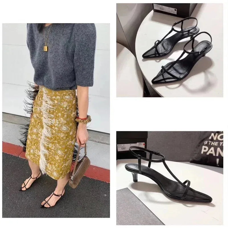 Women Fashion Sandals Thin Low Heels Pointed Open Toe Ankle Strap Dress Shoes Solid Color Summer Ladies Thin Low Heels Sandals