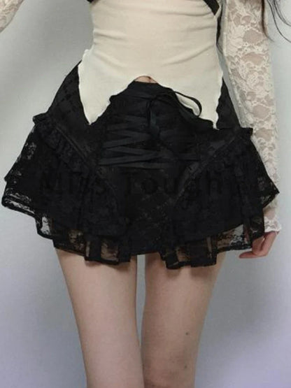Japanese New Sweet Lolita Solid Cake Mini Skirt Women Bow Lace Patchwork Short Skirt Girls Kawaii Y2k Style Chic Harajuku Skirts