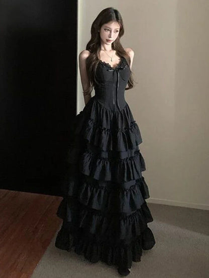 New French V-Neck Elegant Women Dress Sweet Lace Patchwork Strap Slim Waist Long Dress Casual Female Chic Holiday Outfits Summer