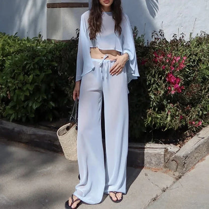 Elegant Solid Perspective Loose Suit Casual Chiffon Shirt Travel Vacation Outfit Fashion Irregular Cape Style Top+Pants 2pc Set