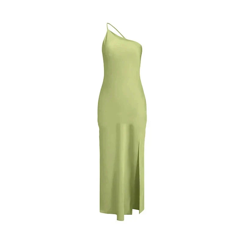 Asymmetric Strap Backless Slit Satin Maxi Dress