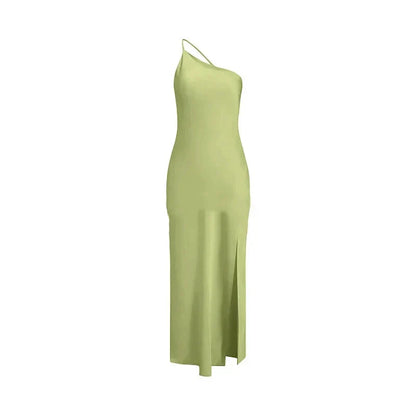 Asymmetric Strap Backless Slit Satin Maxi Dress
