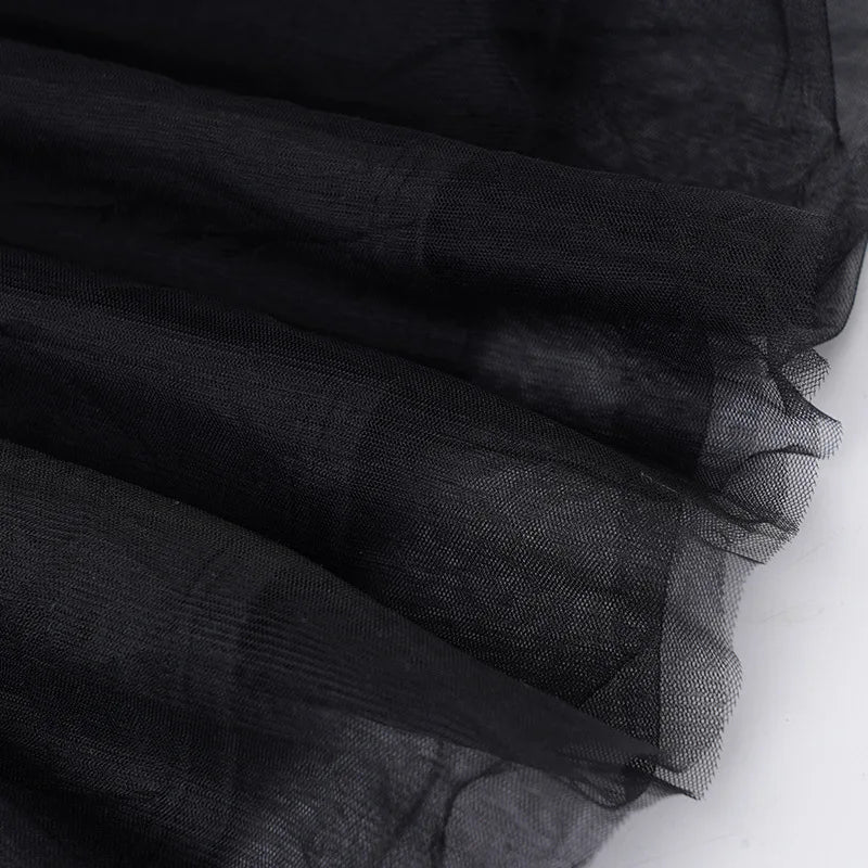 Gothic Black Bow Spaghetti Strap Dress Women Fashion Ruched V Neck Sleeveless Mesh Patchwork A Line Mini Dress Clubwear