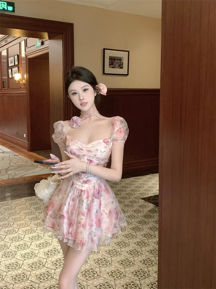 Elegant Princess Floral Short Dresses for Women Y2K Puff Sleeve Backless Printed Ruffles A-line Korean Fashion One Piece Vestido