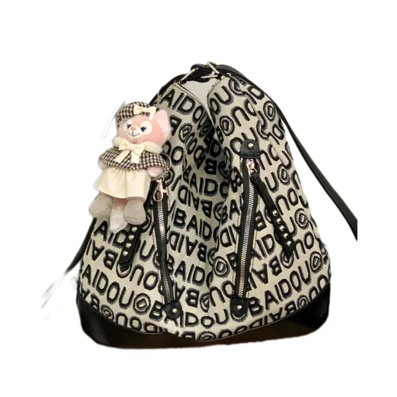 Letter Drawstring Bucket Fashionable Casual Multifunctional Tote Bag Woman Large Capacity Commuter Handbag Ladies Shoulder Bag