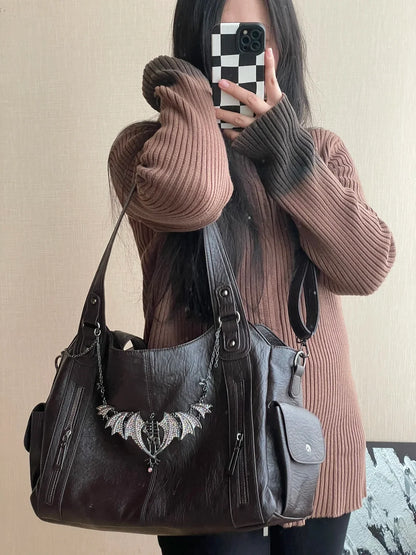 Black Gothic Handbag Y2K Punk Bags Leather Versatile Daily Crossbody Bag Message Tote Bags
