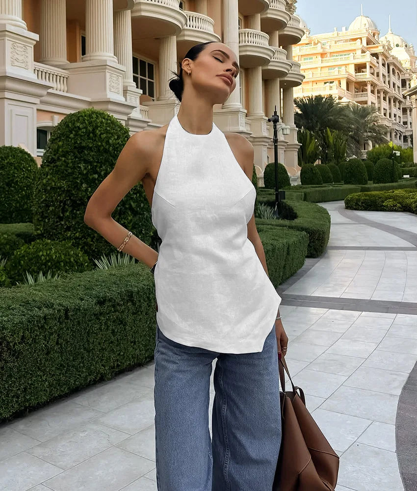 New sexy backless neck tied sleeveless vest top, fashionable and versatile, solid color, simple women's clothing