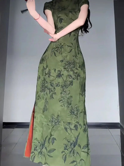 New Chinese Style - Bamboo Leaf Themed Classical and Elegant Qipao Dress Set, Red Mermaid Style Long Skirt Two-Piece Ensemble