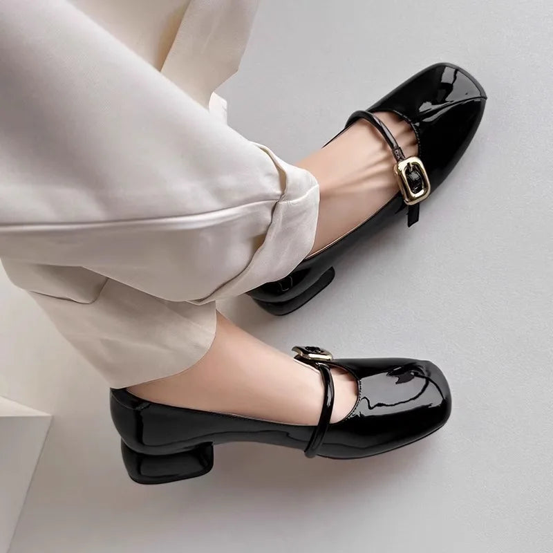 Women's Mary Janes Shoes Patent Leather Dress Shoes Square Toe Pumps Low Heels Big Buckle Spring Autumn Zapatos Mujer 1802N
