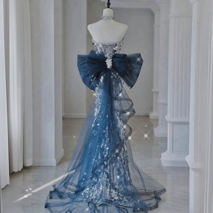 Silvery Shiny Sequins Prom Dresses Mermaid Removable Tulle Bow Trailing Ceremony Performance Party Backless Formal Evening Gowns