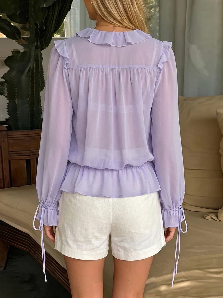 Puss Sexy Pleat Bandages Mesh T-Shirt Women Sexy Ruffled Patchwork Hollow Single-Breasted Trend Vacation Party Street Tess