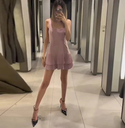 Square Neck Drop Waist Tiered Knife Pleat Mini Dress