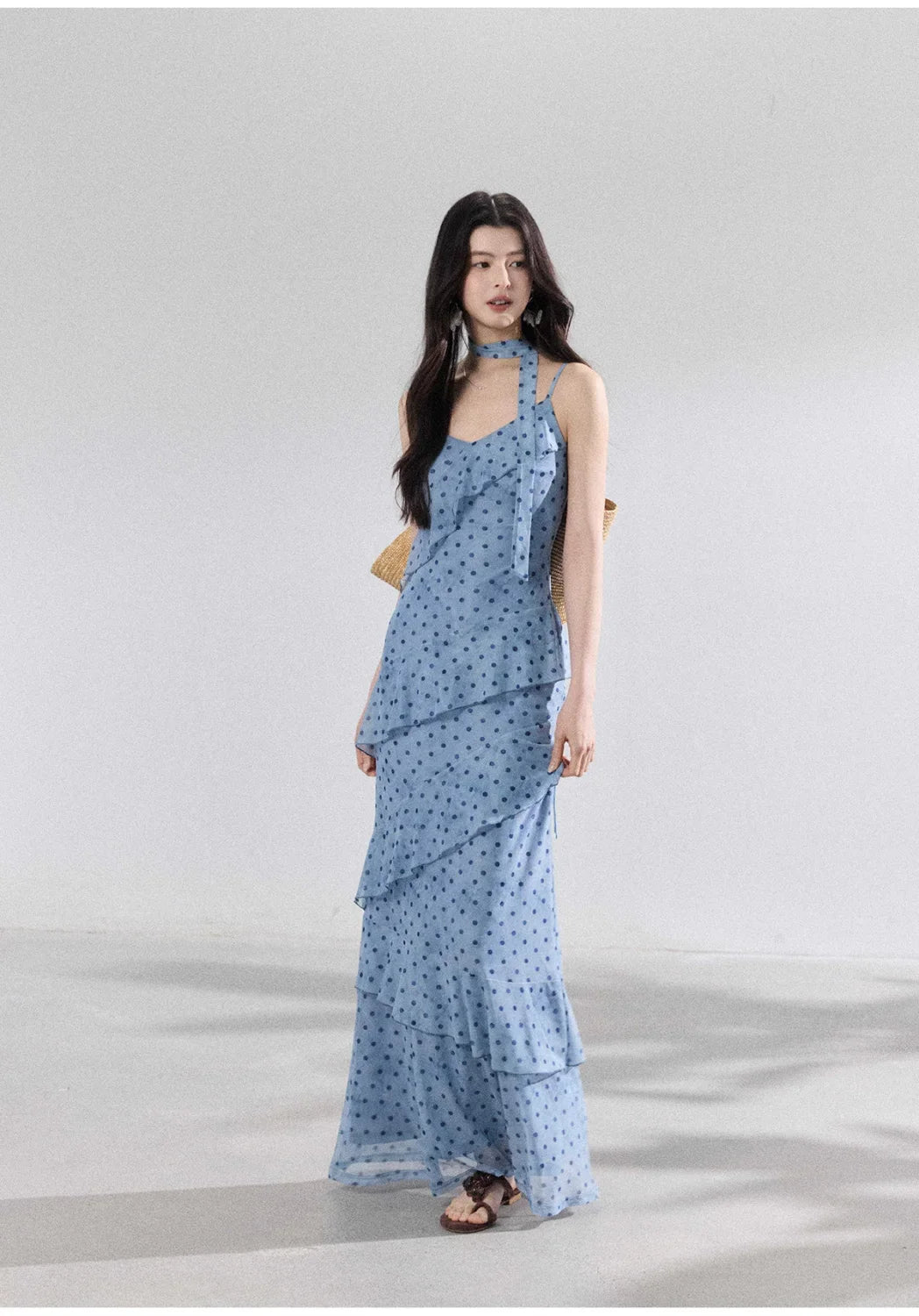 French Commuter V-Neck Streamer Polka Dot Lotus Edge Suspender Dress Female Slim Mesh Printed Dress
