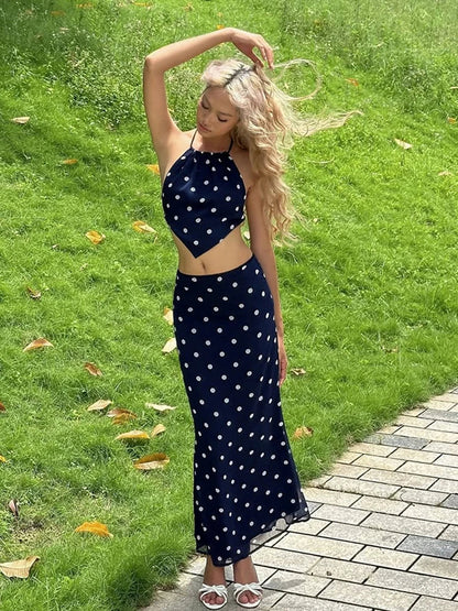 Sexy Polka Dot Print 2-Piece Set Women Halter Bandage Halter Backless Sleeveless Mini Tops+Straight Skirt Matching Suit