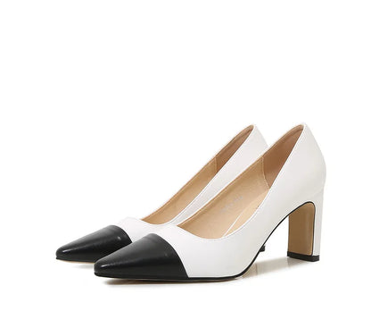 Women Newest Sweet Black And White Thick High Heels Shoes Pumps Big Bow Stilettos Pointy Toe Slip-On 35-46 28cm 7.5cm Chaussures