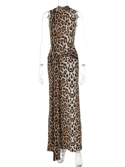 Woman Elegant Leopard Print Bandage Long Dress 2024 Summer Sexy O-neck Sleeveless Tunics Bodycon Slit Evening Party Dresses