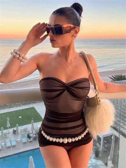 Sexy Sheer Bodysuit Women Summer Double Deck Strapless Solid Folds Skinny Beach Coquettish Fashionable Clubwear Tops