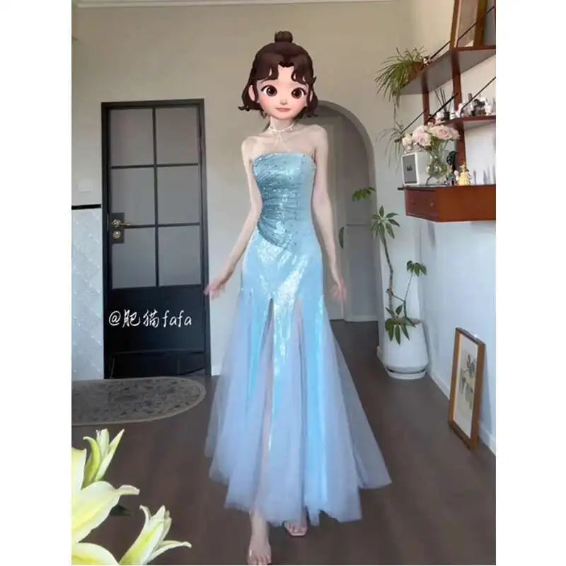 Strapless Evening Gown Light Luxury Dress Niche High-end Student Temperament Art Exam Adult Banquet Host Blue Fish Tail Dress