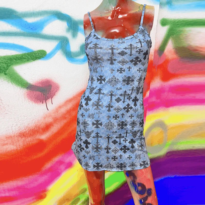 Summer Short Skirt European and American Style New Millennium Spicy Girl Pure Desire Retro Cross Blue Strap Dress for Women