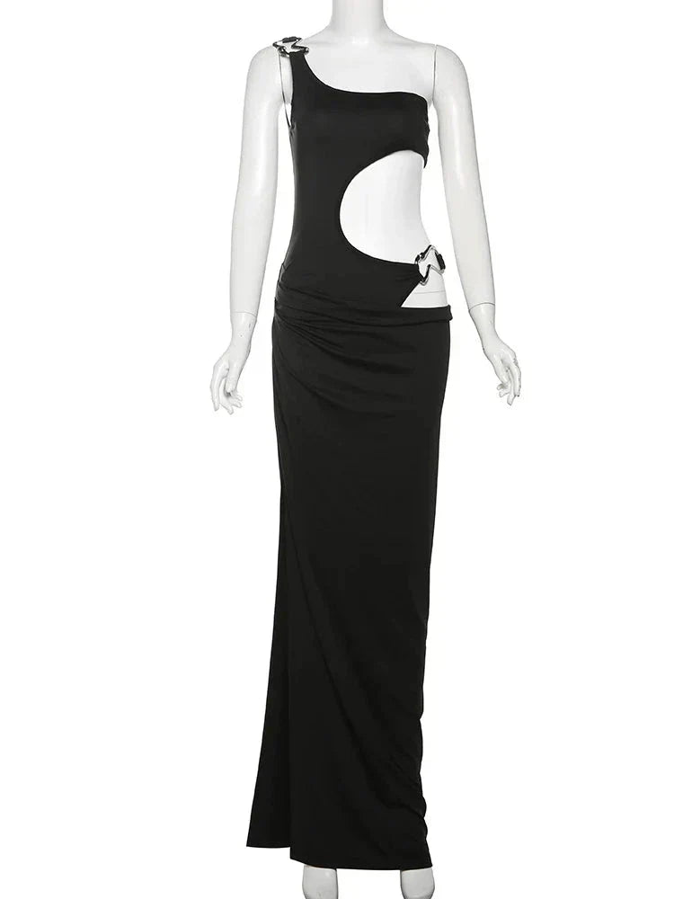 One Shoulder Waist Cutout Ring Hardware High Slit Maxi Dress
