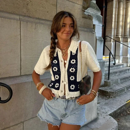Casual Knitted Floral Cardigan Women Hollow Out Lapel Single Breasted Short Sleeve Sweaters 2024 Autumn New Lady Tops