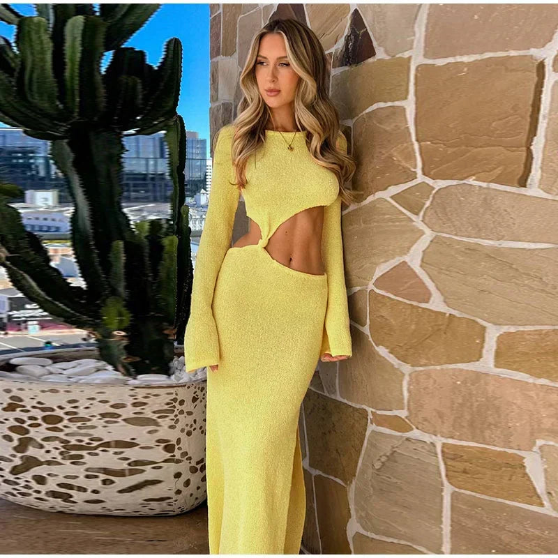 Crew Neck Cutout Twist Waist Side Slit Boucle Knit Maxi Dress