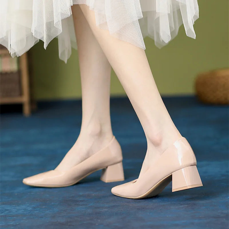 Women Novelty Shoes Square Toe Patent Leather New Arrivals Slip-On Black Wine Beige Chaussures 5cm Thick Heels Pumps For OL 43 7