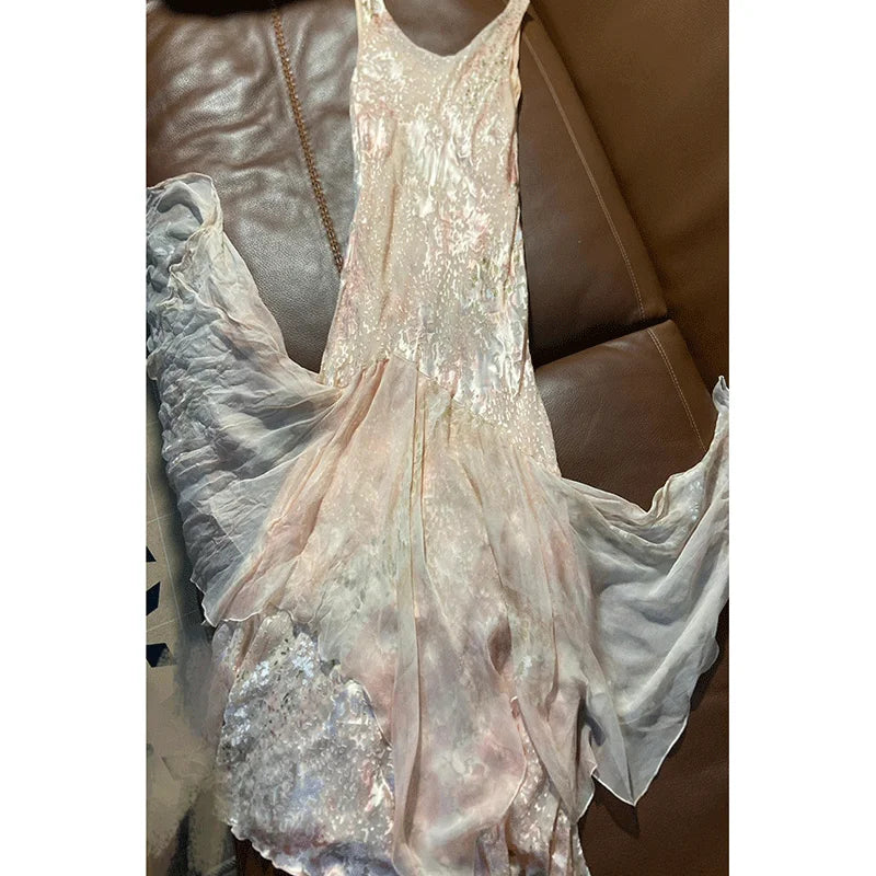 French Vintage Camisole Dress Summer New High end Sleeveless Sequin Spliced Slimming A-line Long Evening Dresses for Women