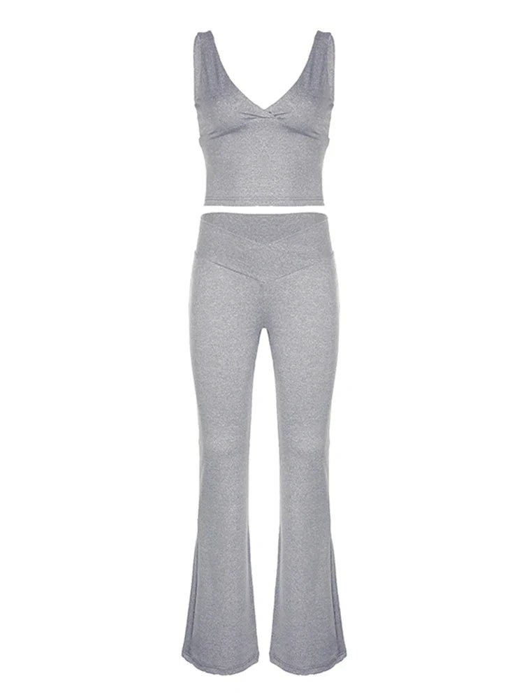 Sweetown Gray Slim Sleeveless V Neck Vest And V Shape Waist Flared Leggings 2 Pieses Pants Sets Womens Summer Baddie Outfits