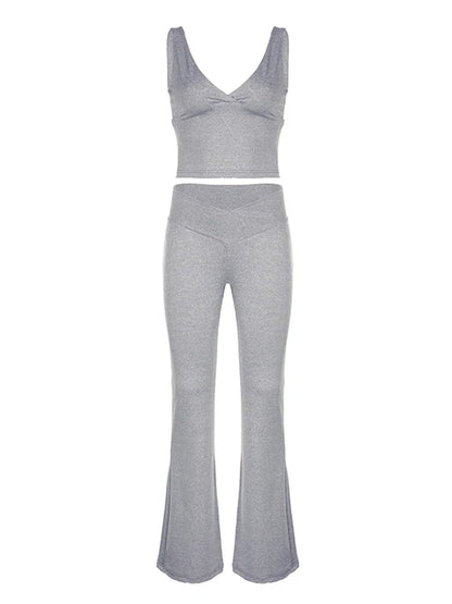 Sweetown Gray Slim Sleeveless V Neck Vest And V Shape Waist Flared Leggings 2 Pieses Pants Sets Womens Summer Baddie Outfits